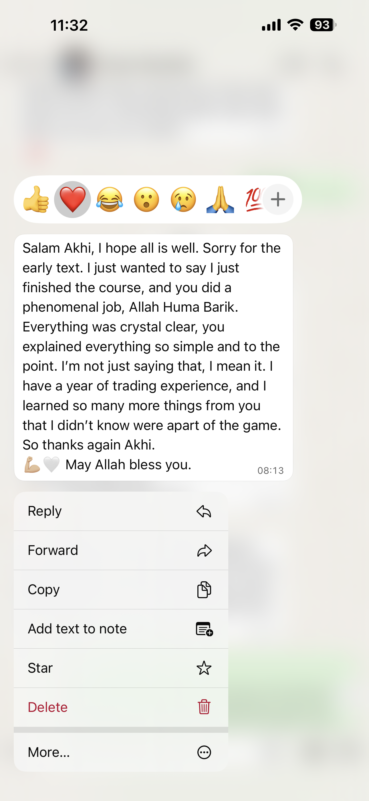 Original member WhatsApp message about clear teaching and learning with a year of trading experience