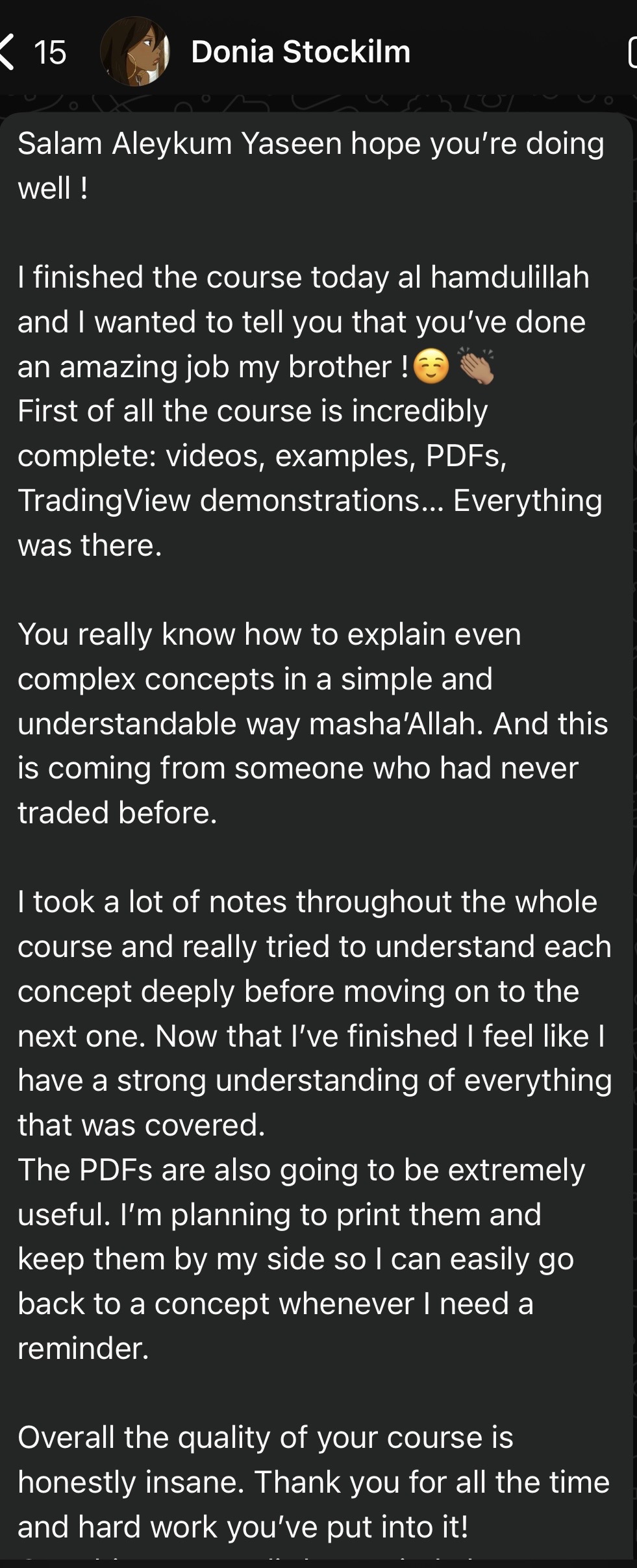 Donia's first WhatsApp message about completing the course as a beginner
