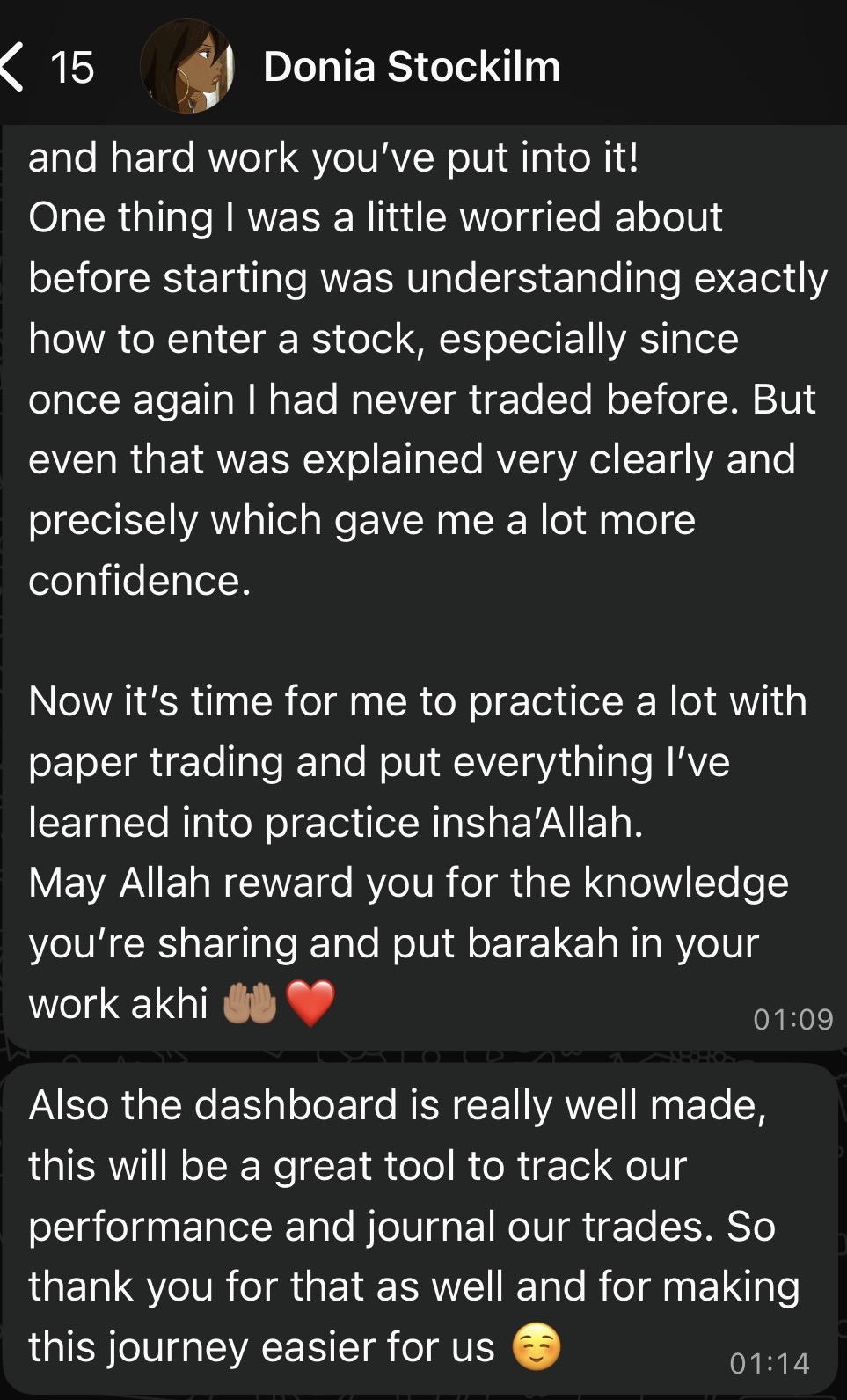 Donia's continued message about entry confidence, paper trading and the dashboard