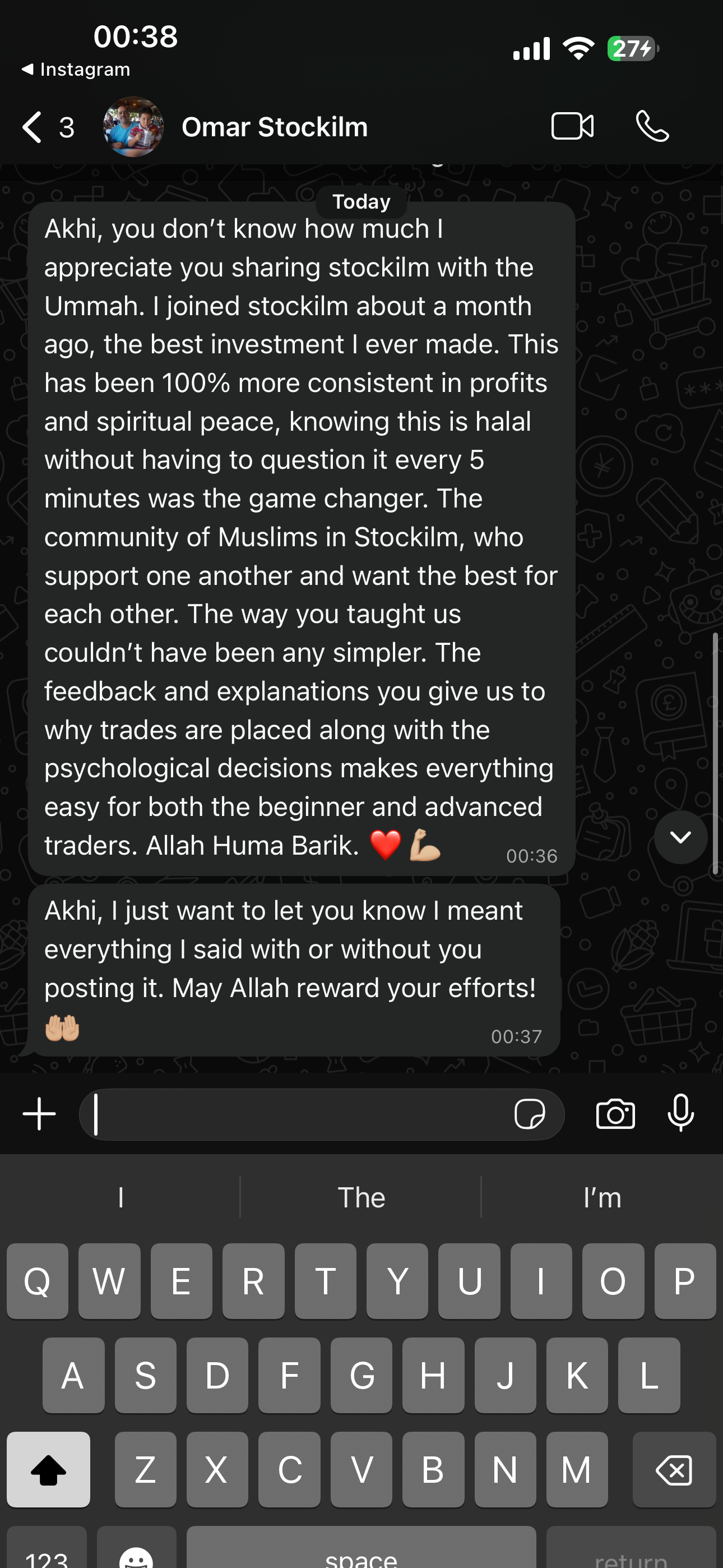 Omar's original WhatsApp testimonial about Stockilm and the community