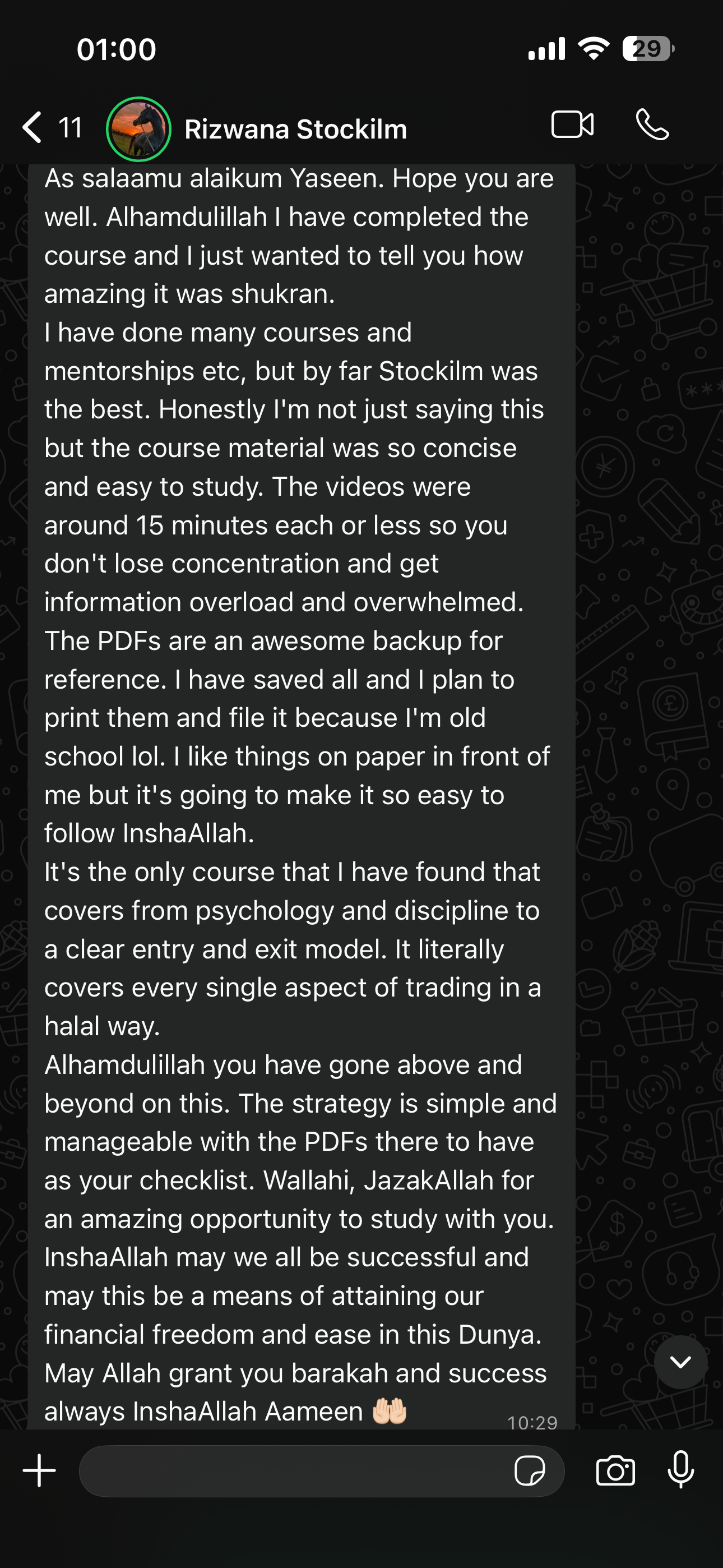 Rizwana's original WhatsApp message about the course, discipline and entry and exit model